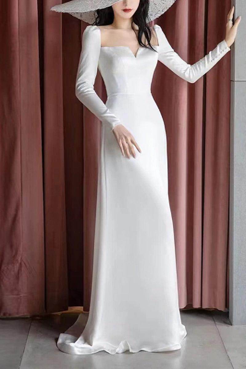 Sheath-Column Sweep-Brush Train Satin Wedding Dress 693111381183 - COCOMELODY